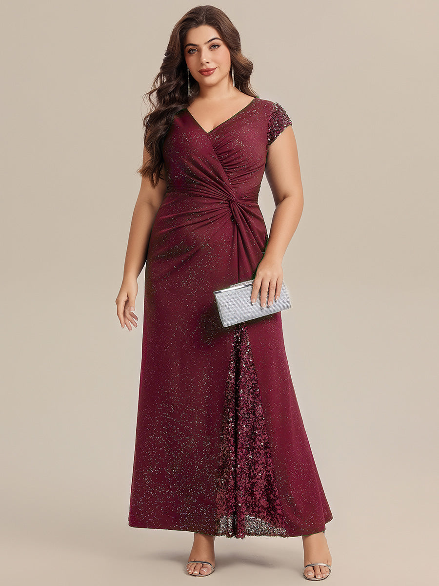 Color=Burgundy | Commercial Wholesale Short Sleeve V-Neck Bodycon Maxi Dress with Sequin Details Evening Dresses-Burgundy 6