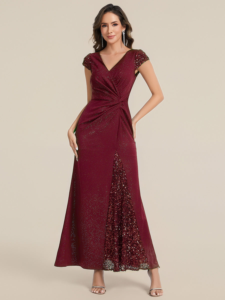 Color=Burgundy | One Stop Shop Short Sleeve Knotted Deep V-Neck Bodycon Floor Length Evening Dresses-Burgundy 1