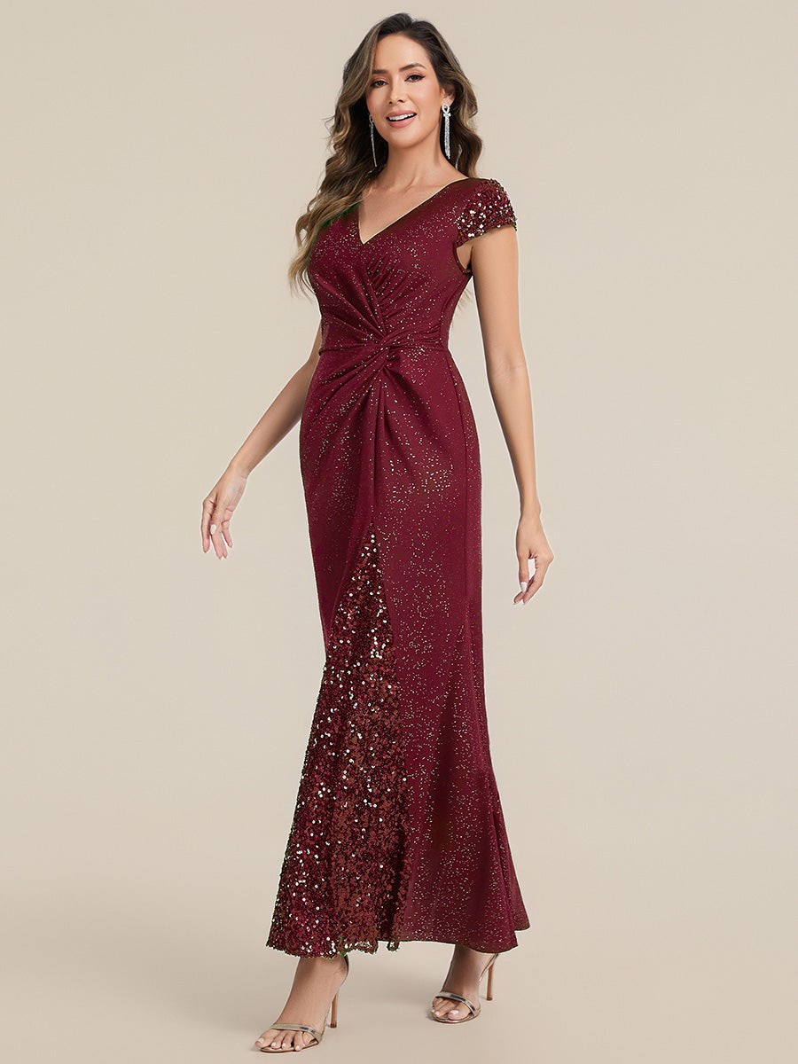 Color=Burgundy | One Stop Shop Short Sleeve Knotted Deep V-Neck Bodycon Floor Length Evening Dresses-Burgundy 4