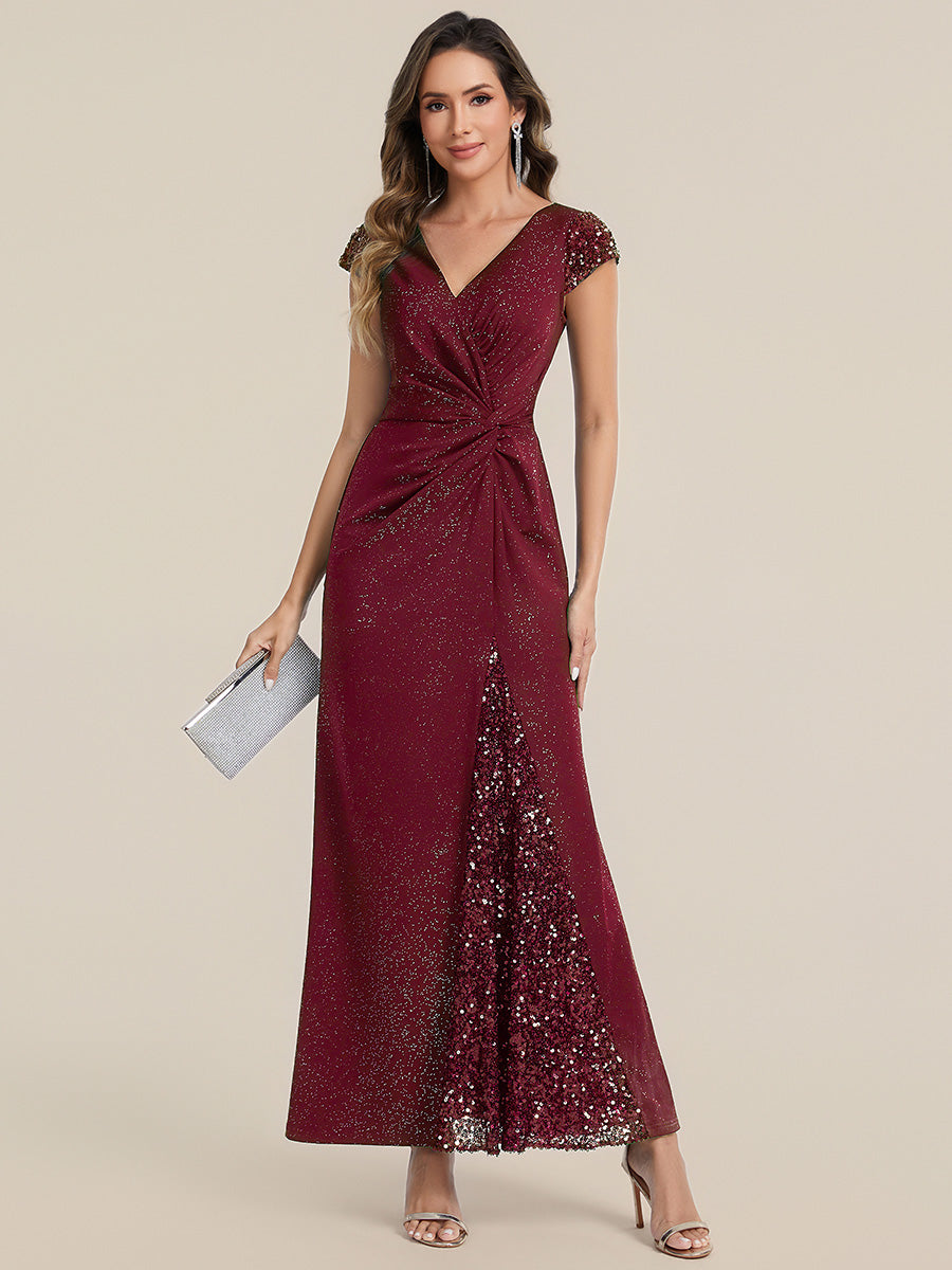 Color=Burgundy | One Stop Shop Short Sleeve Knotted Deep V-Neck Bodycon Floor Length Evening Dresses-Burgundy 5