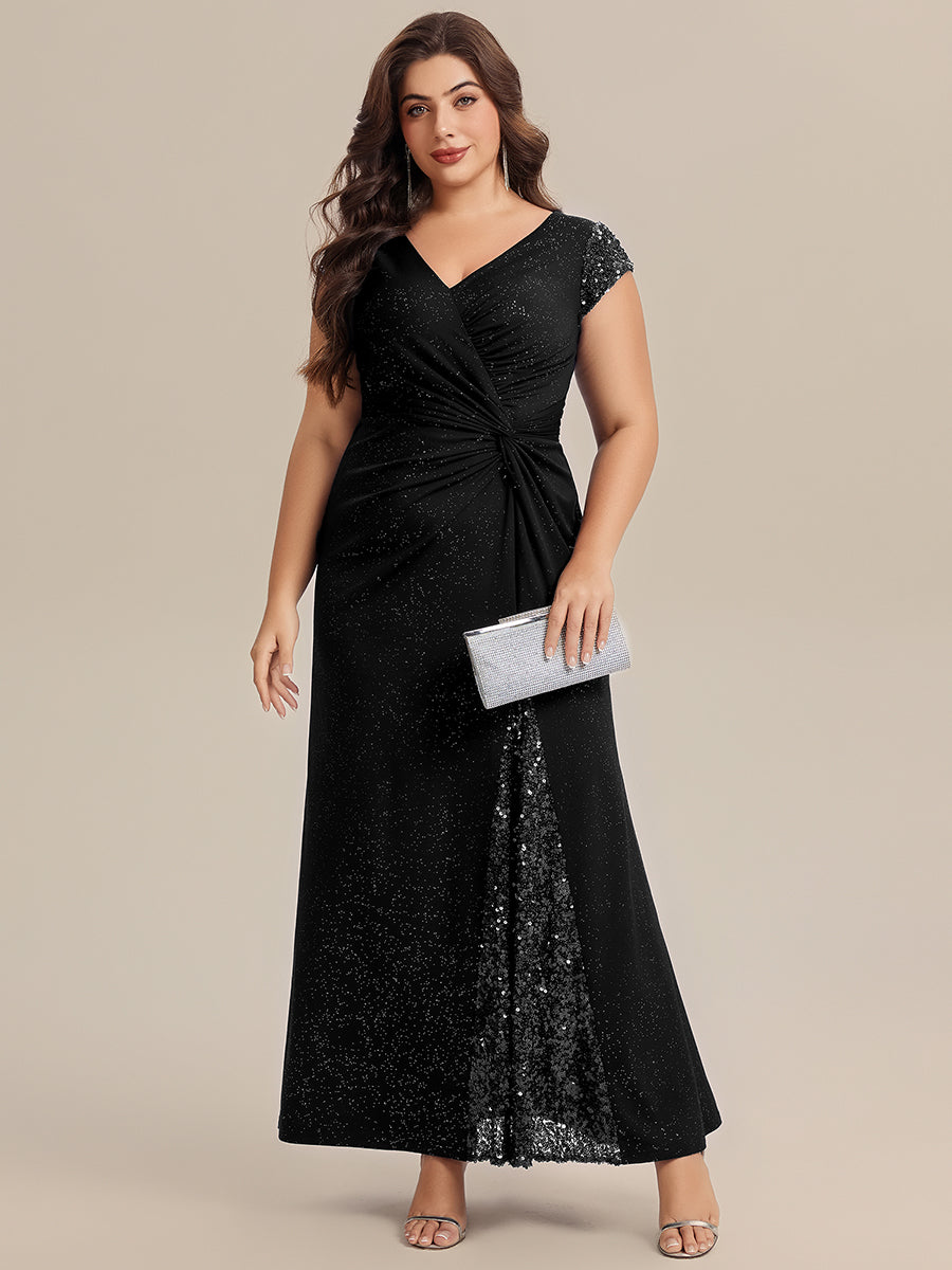 Color=Black | Commercial Wholesale Short Sleeve V-Neck Bodycon Maxi Dress with Sequin Details Evening Dresses-Black 16