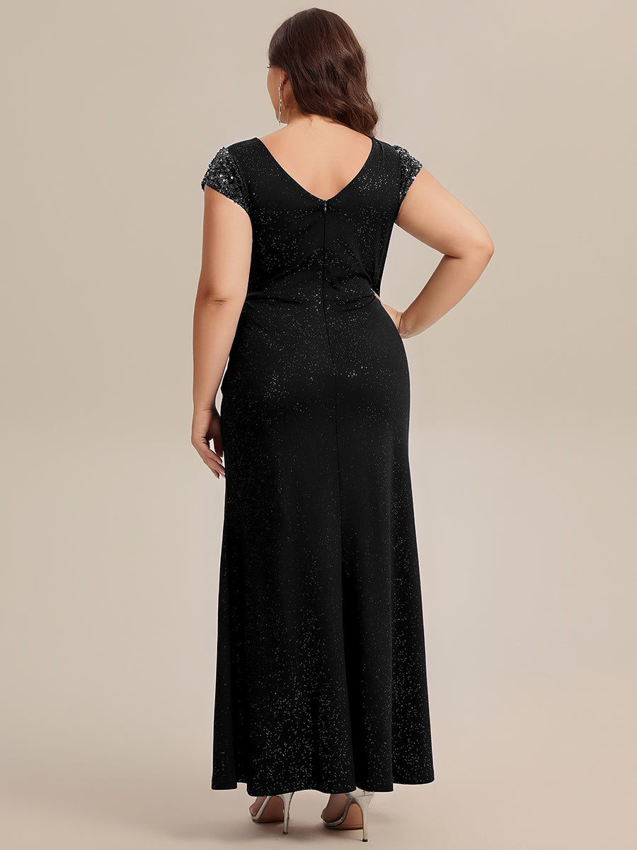 Color=Black | Commercial Wholesale Short Sleeve V-Neck Bodycon Maxi Dress with Sequin Details Evening Dresses-Black 17