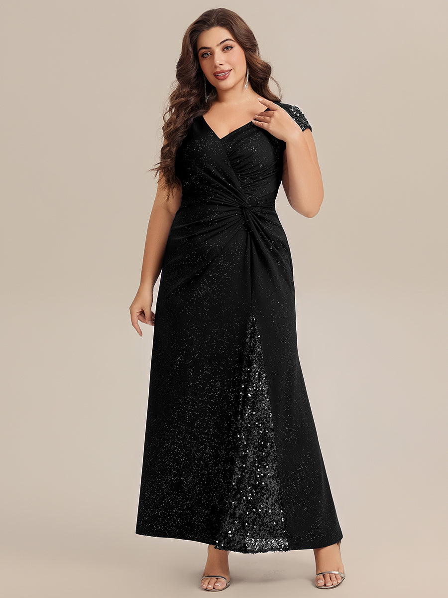 Color=Black | Commercial Wholesale Short Sleeve V-Neck Bodycon Maxi Dress with Sequin Details Evening Dresses-Black 19