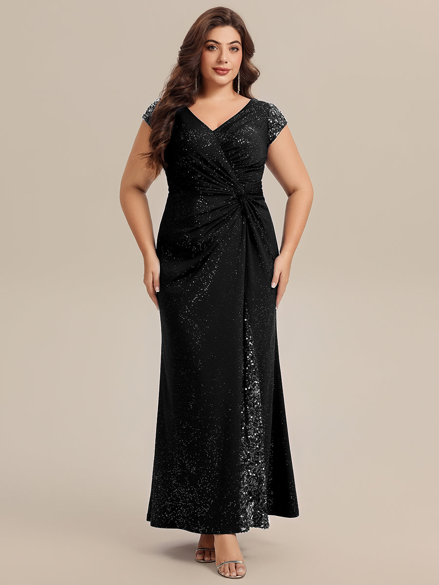 Color=Black | Fast Delivery Short Sleeve Deep V-Neck Sequin Bodycon Floor Length Evening Dresses-Black 10