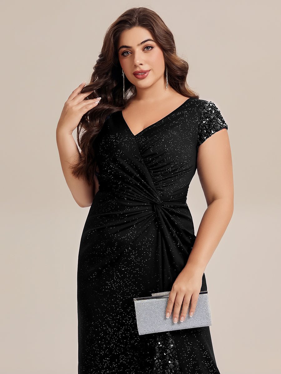 Color=Black | Fast Delivery Short Sleeve Deep V-Neck Sequin Bodycon Floor Length Evening Dresses-Black 8