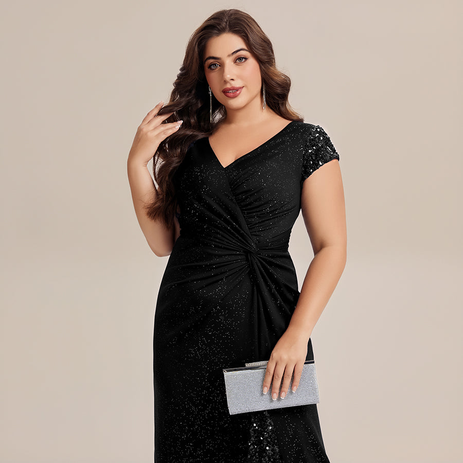 Color=Black | Commercial Wholesale Short Sleeve V-Neck Bodycon Maxi Dress with Sequin Details Evening Dresses-Black 18