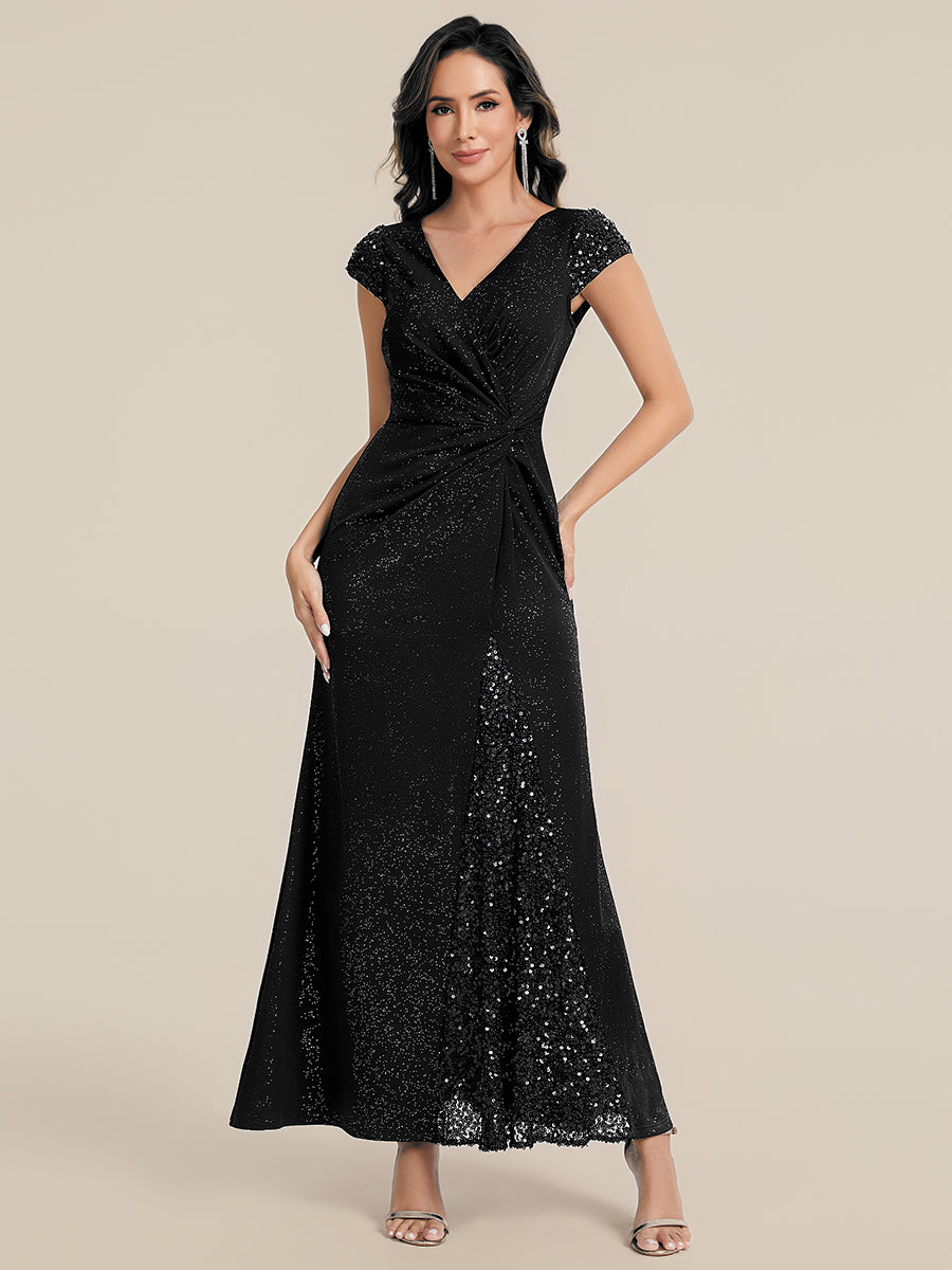Color=Black | Fast Delivery Short Sleeve Deep V-Neck Sequin Bodycon Floor Length Evening Dresses-Black 1
