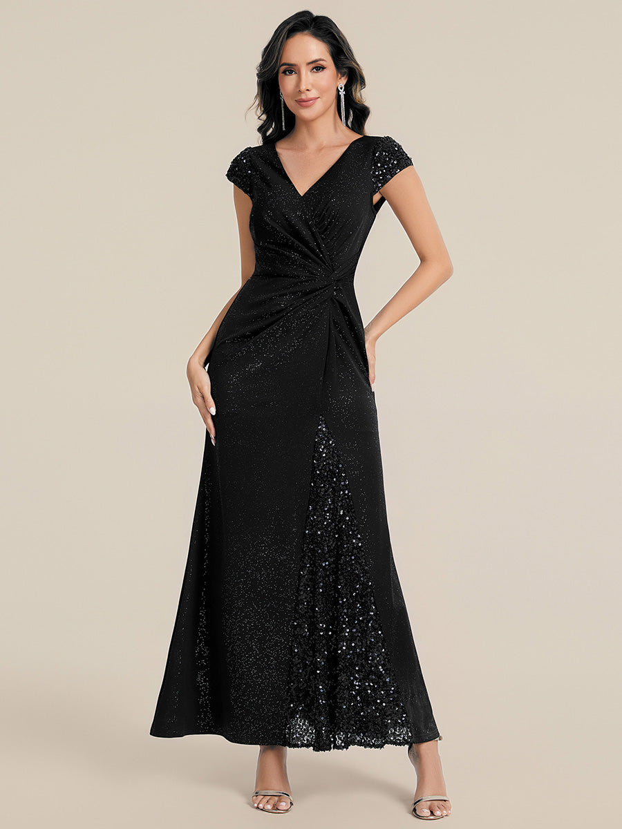 Color=Black | Commercial Wholesale Short Sleeve V-Neck Bodycon Maxi Dress with Sequin Details Evening Dresses-Black 11