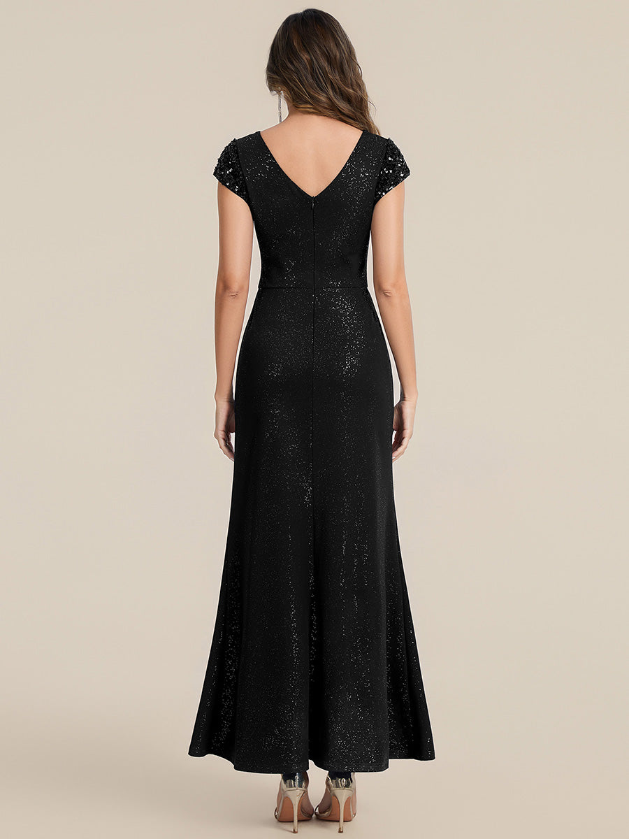 Color=Black | Commercial Wholesale Short Sleeve V-Neck Bodycon Maxi Dress with Sequin Details Evening Dresses-Black 12