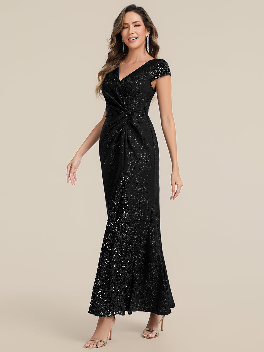 Color=Black | Fast Delivery Short Sleeve Deep V-Neck Sequin Bodycon Floor Length Evening Dresses-Black 4