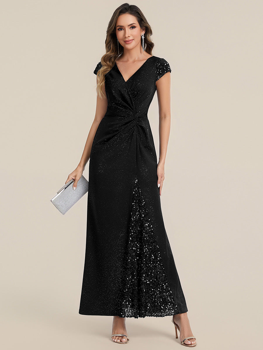 Color=Black | Commercial Wholesale Short Sleeve V-Neck Bodycon Maxi Dress with Sequin Details Evening Dresses-Black 15