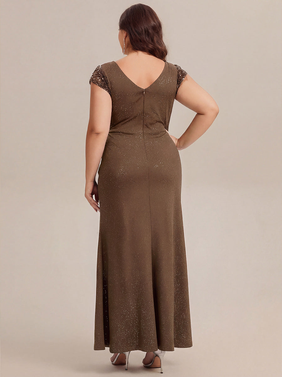 Color=Coffee | Commercial Wholesale Short Sleeve V-Neck Bodycon Maxi Dress with Sequin Details Evening Dresses-Coffee 37