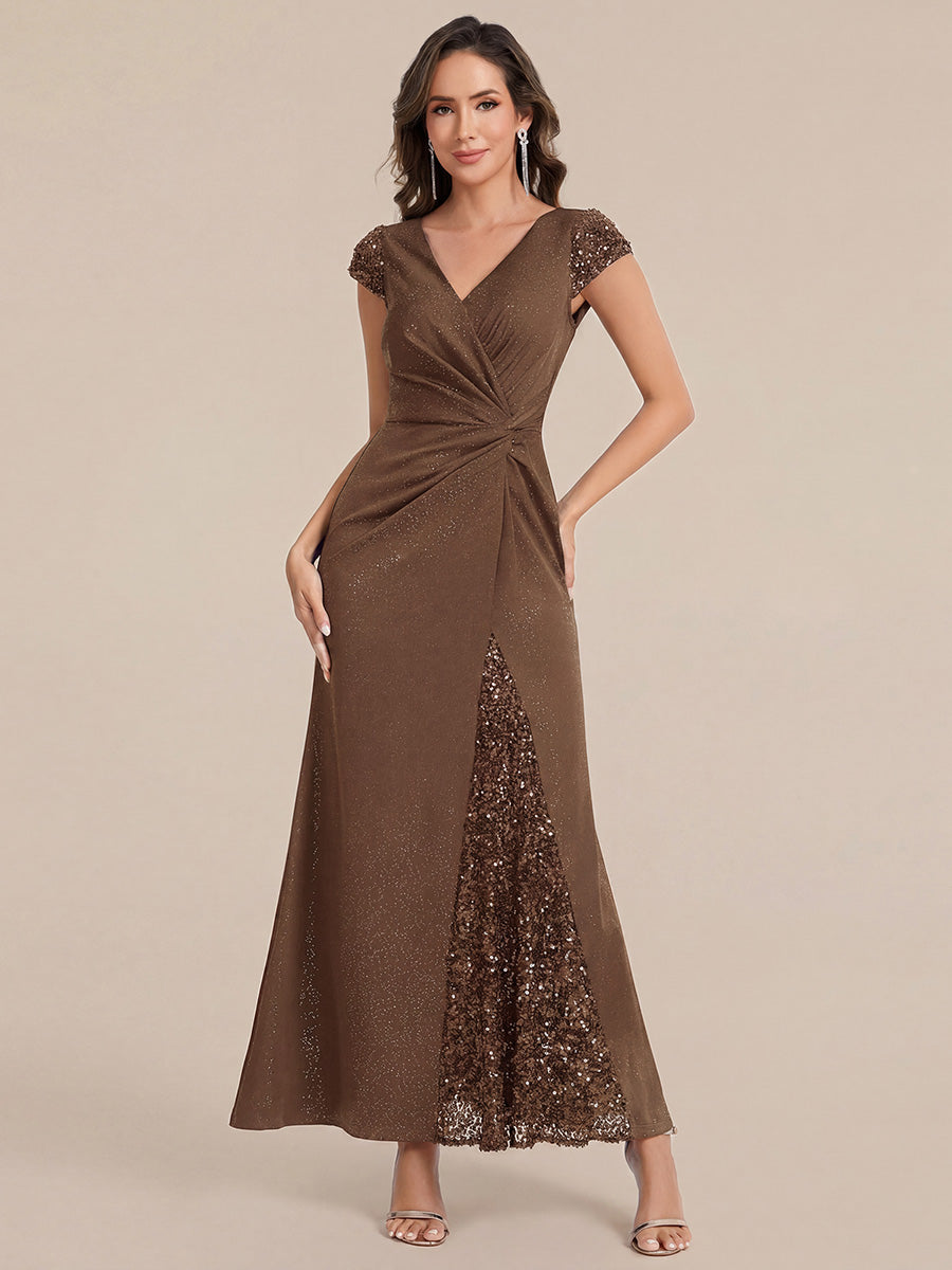 Color=Coffee | Commercial Wholesale Short Sleeve V-Neck Bodycon Maxi Dress with Sequin Details Evening Dresses-Coffee 31
