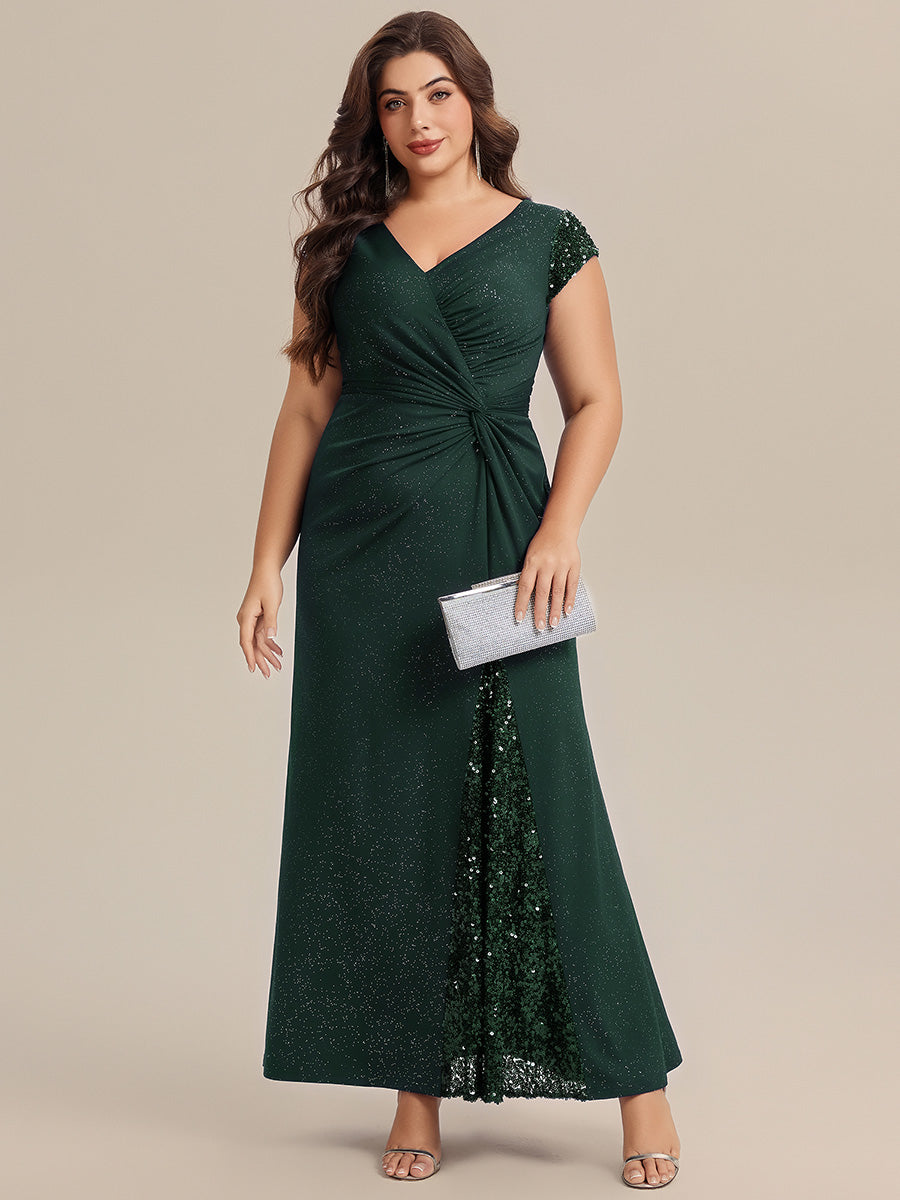 Color=Dark Green | One Stop Shop Short Sleeve Knotted Deep V-Neck Bodycon Floor Length Evening Dresses-Dark Green 16
