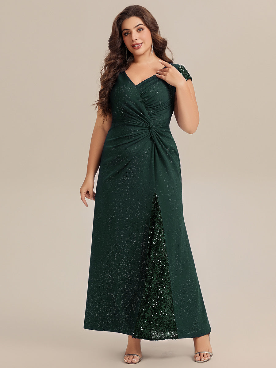 Color=Dark Green | Commercial Wholesale Short Sleeve V-Neck Bodycon Maxi Dress with Sequin Details Evening Dresses-Dark Green 49