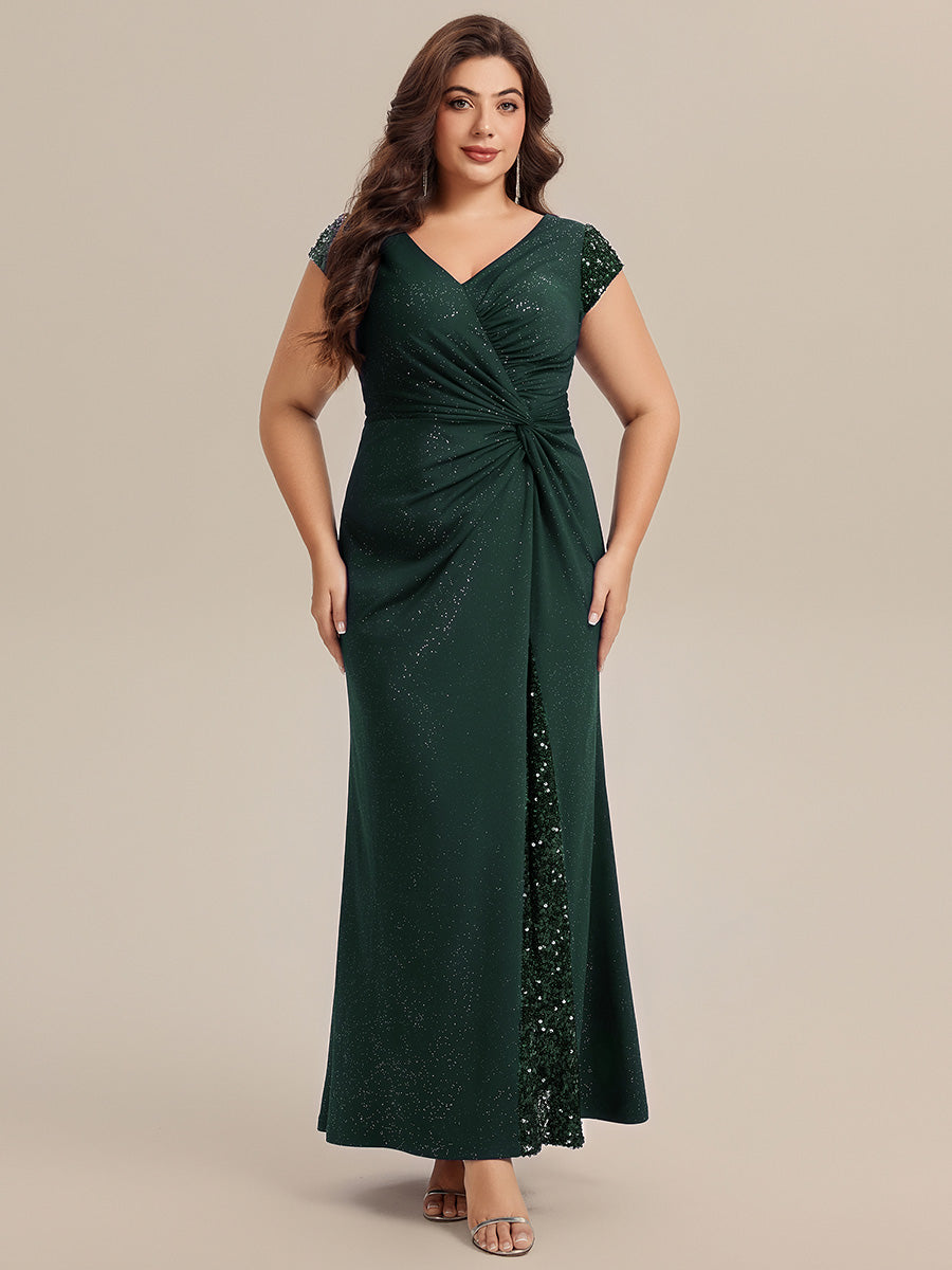 Color=Dark Green | Commercial Wholesale Short Sleeve V-Neck Bodycon Maxi Dress with Sequin Details Evening Dresses-Dark Green 50