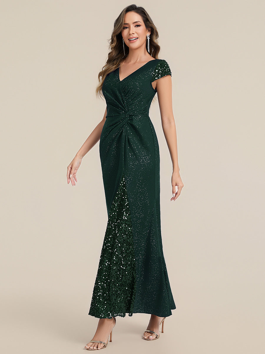 Color=Dark Green | One Stop Shop Short Sleeve Knotted Deep V-Neck Bodycon Floor Length Evening Dresses-Dark Green 14