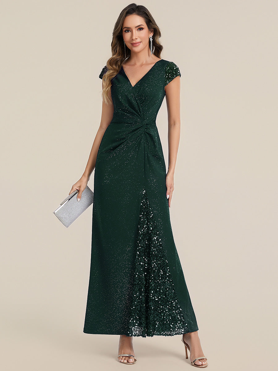 Color=Dark Green | One Stop Shop Short Sleeve Knotted Deep V-Neck Bodycon Floor Length Evening Dresses-Dark Green 15