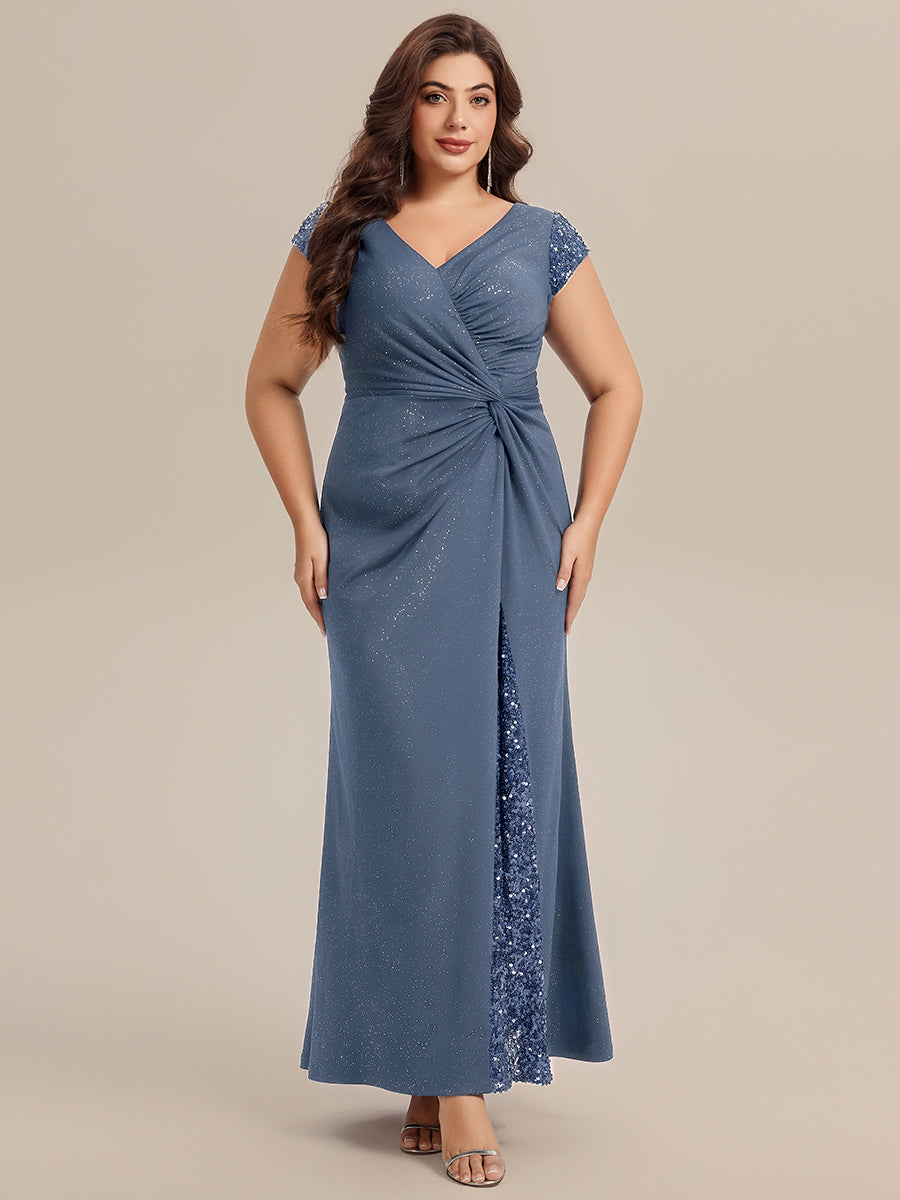 Color=Dusty Blue | Commercial Wholesale Short Sleeve V-Neck Bodycon Maxi Dress with Sequin Details Evening Dresses-Dusty Blue 60