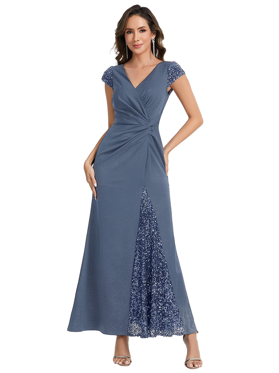 Color=Dusty blue | Fast Delivery Short Sleeve Deep V-Neck Sequin Bodycon Floor Length Evening Dresses-Dusty blue 2
