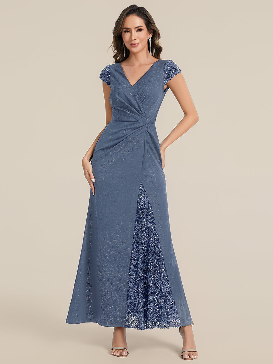 Color=Dusty Blue | Commercial Wholesale Short Sleeve V-Neck Bodycon Maxi Dress with Sequin Details Evening Dresses-Dusty Blue 51