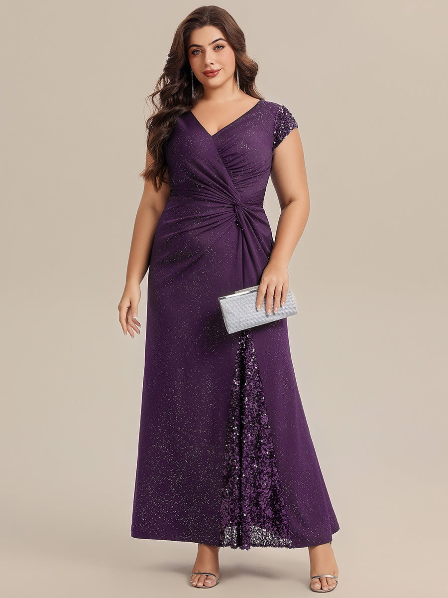 Color=Dark Purple | One Stop Shop Short Sleeve Knotted Deep V-Neck Bodycon Floor Length Evening Dresses-Dark Purple 26