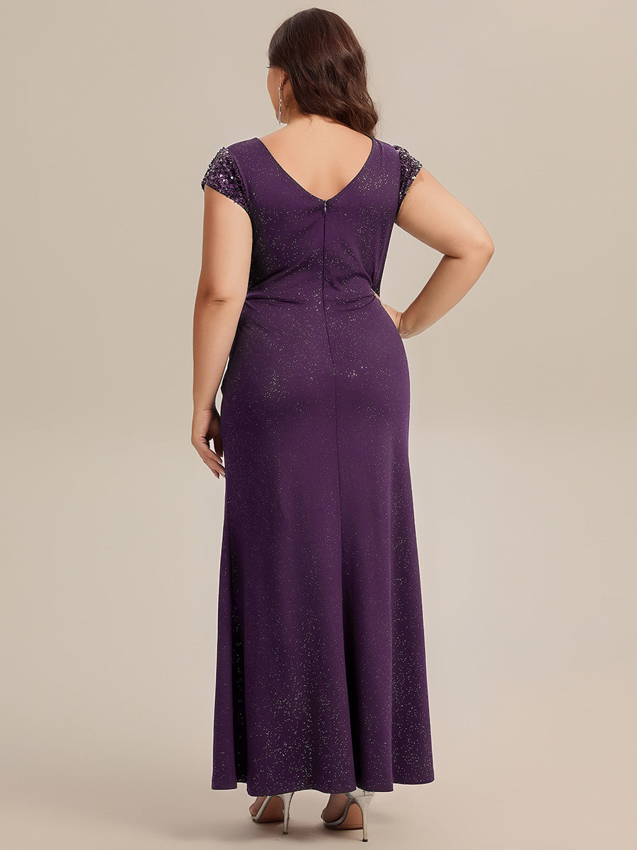Color=Dark Purple | Commercial Wholesale Short Sleeve V-Neck Bodycon Maxi Dress with Sequin Details Evening Dresses-Dark Purple 67