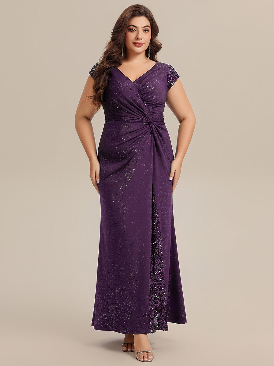 Color=Dark Purple | One Stop Shop Short Sleeve Knotted Deep V-Neck Bodycon Floor Length Evening Dresses-Dark Purple 30