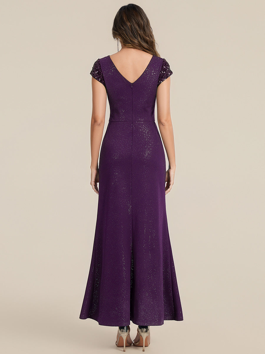 Color=Dark Purple | One Stop Shop Short Sleeve Knotted Deep V-Neck Bodycon Floor Length Evening Dresses-Dark Purple 22