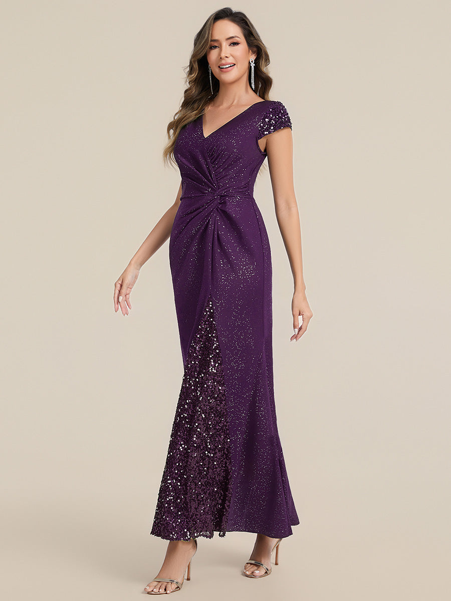 Color=Dark Purple | One Stop Shop Short Sleeve Knotted Deep V-Neck Bodycon Floor Length Evening Dresses-Dark Purple 24