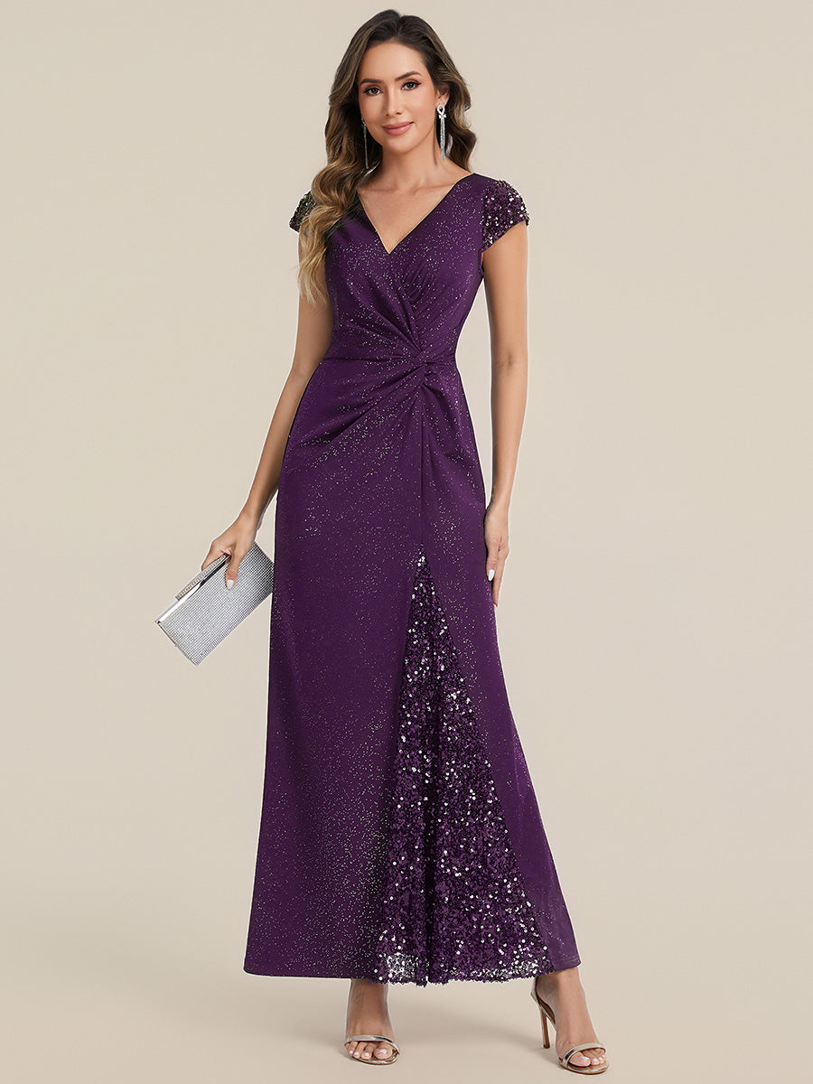 Color=Dark Purple | One Stop Shop Short Sleeve Knotted Deep V-Neck Bodycon Floor Length Evening Dresses-Dark Purple 25