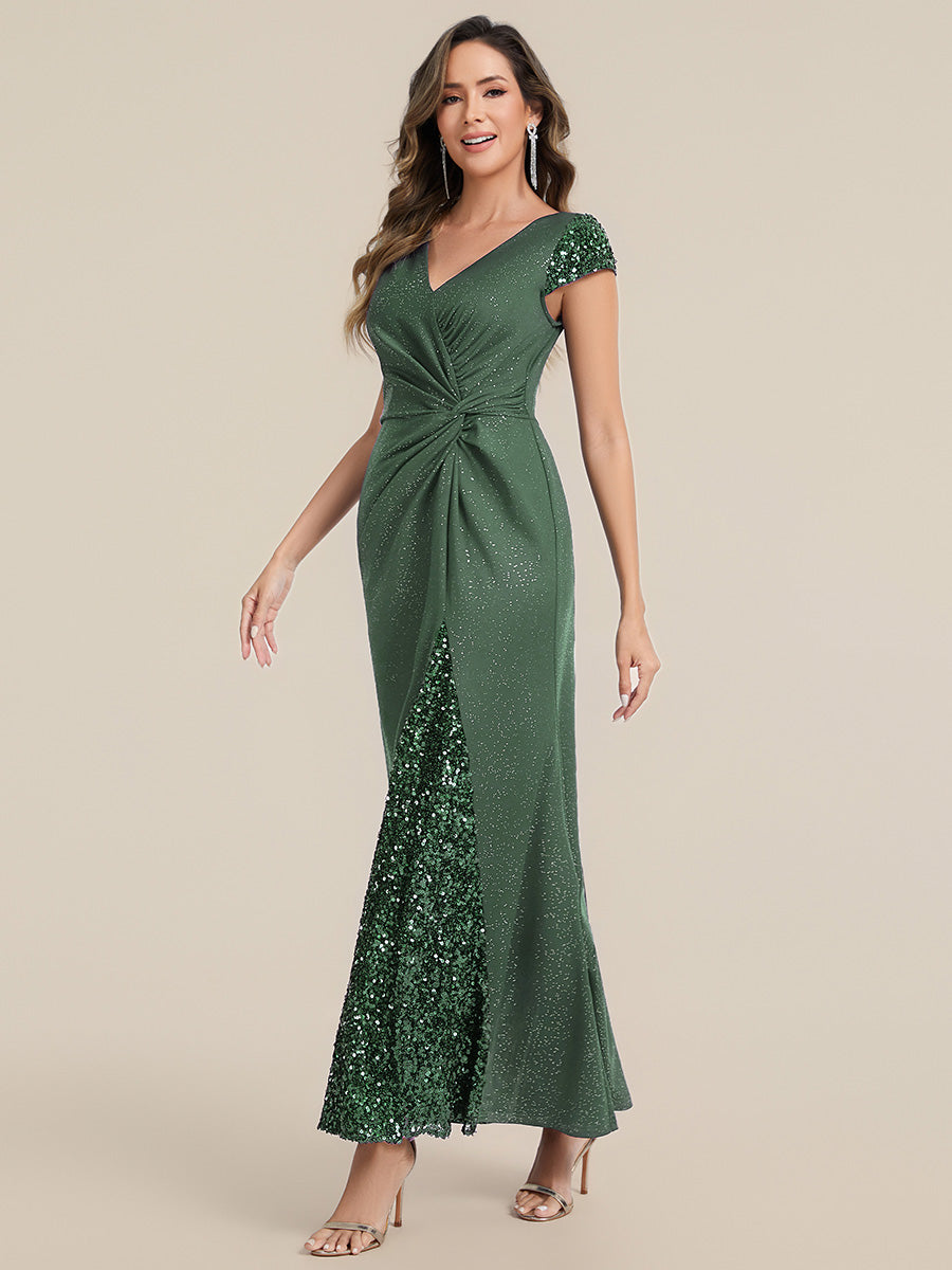 Color=Eucalyptus | Commercial Wholesale Short Sleeve V-Neck Bodycon Maxi Dress with Sequin Details Evening Dresses-Eucalyptus 74