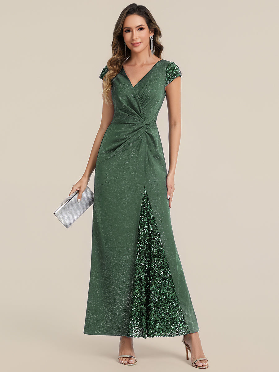 Color=Eucalyptus | Commercial Wholesale Short Sleeve V-Neck Bodycon Maxi Dress with Sequin Details Evening Dresses-Eucalyptus 75