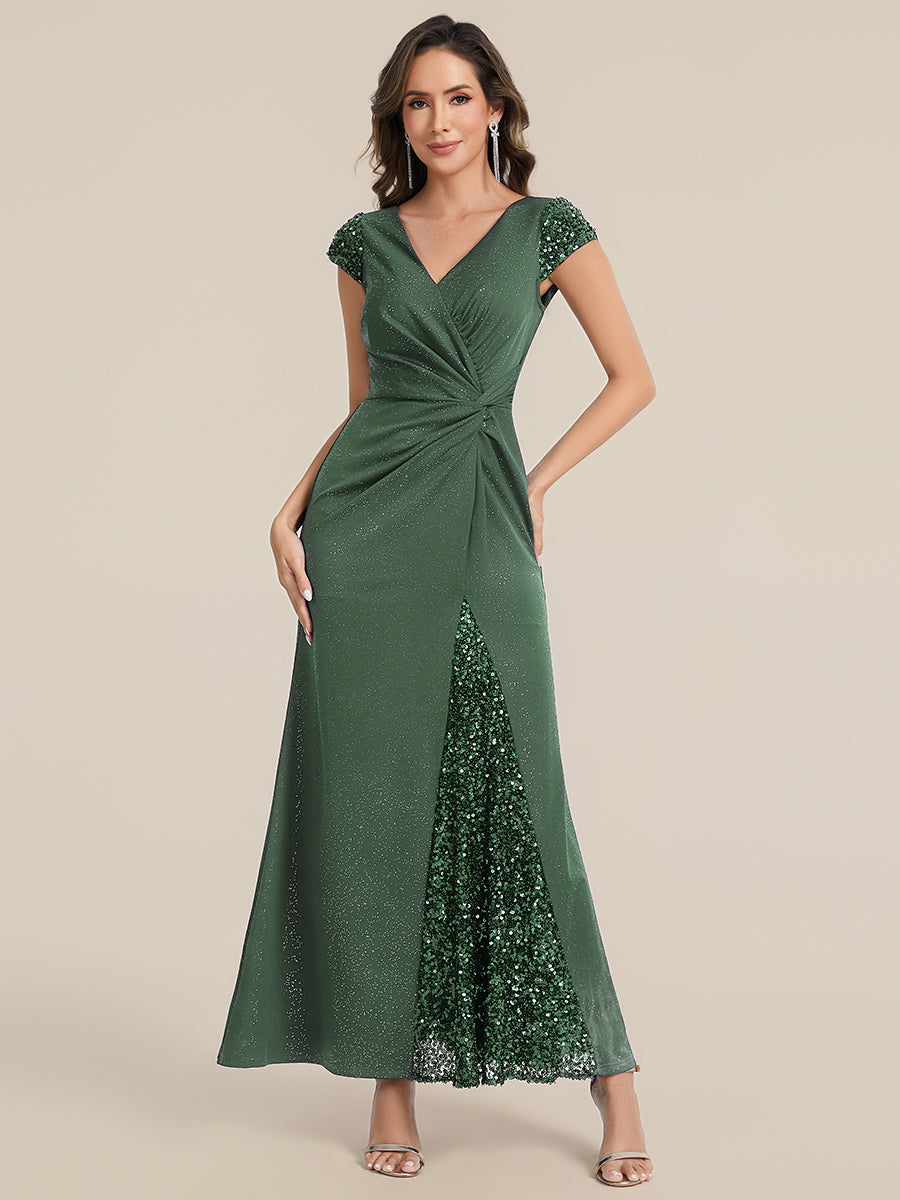 Color=Eucalyptus | Commercial Wholesale Short Sleeve V-Neck Bodycon Maxi Dress with Sequin Details Evening Dresses-Eucalyptus 71