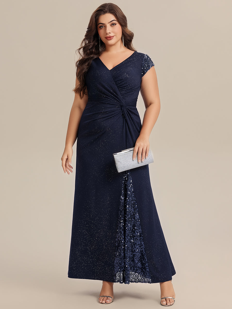 Color=Navy Blue | Commercial Wholesale Short Sleeve V-Neck Bodycon Maxi Dress with Sequin Details Evening Dresses-Navy Blue 86