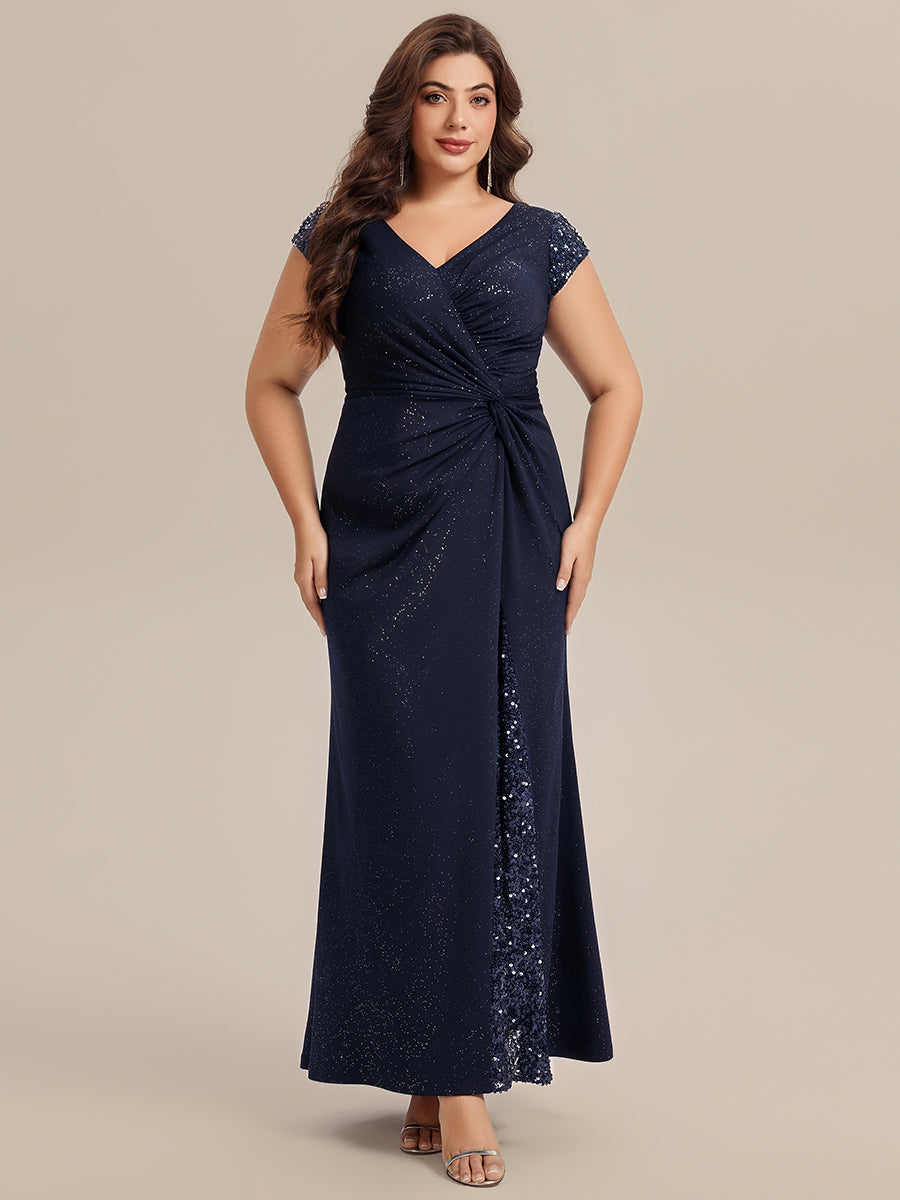 Color=Navy Blue | Commercial Wholesale Short Sleeve V-Neck Bodycon Maxi Dress with Sequin Details Evening Dresses-Navy Blue 90