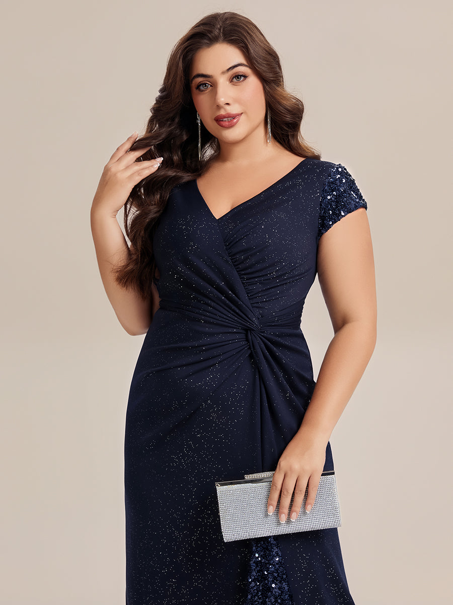 Color=Navy Blue | Fast Delivery Short Sleeve Deep V-Neck Sequin Bodycon Floor Length Evening Dresses-Navy Blue 18