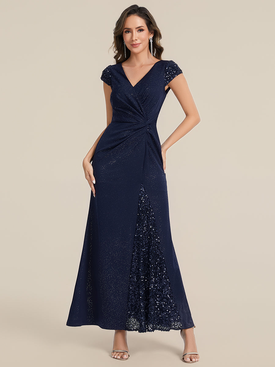 Color=Navy Blue | Commercial Wholesale Short Sleeve V-Neck Bodycon Maxi Dress with Sequin Details Evening Dresses-Navy Blue 81
