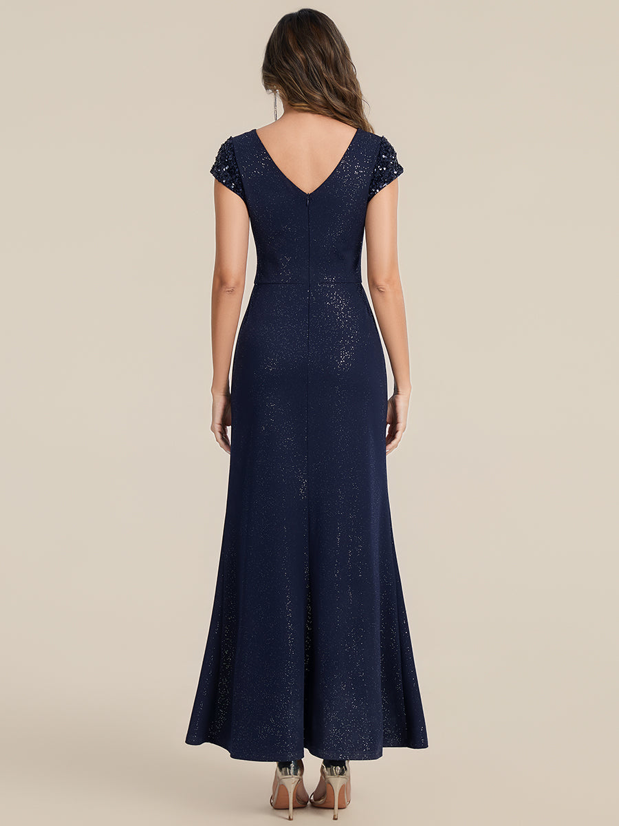 Color=Navy Blue | Commercial Wholesale Short Sleeve V-Neck Bodycon Maxi Dress with Sequin Details Evening Dresses-Navy Blue 82