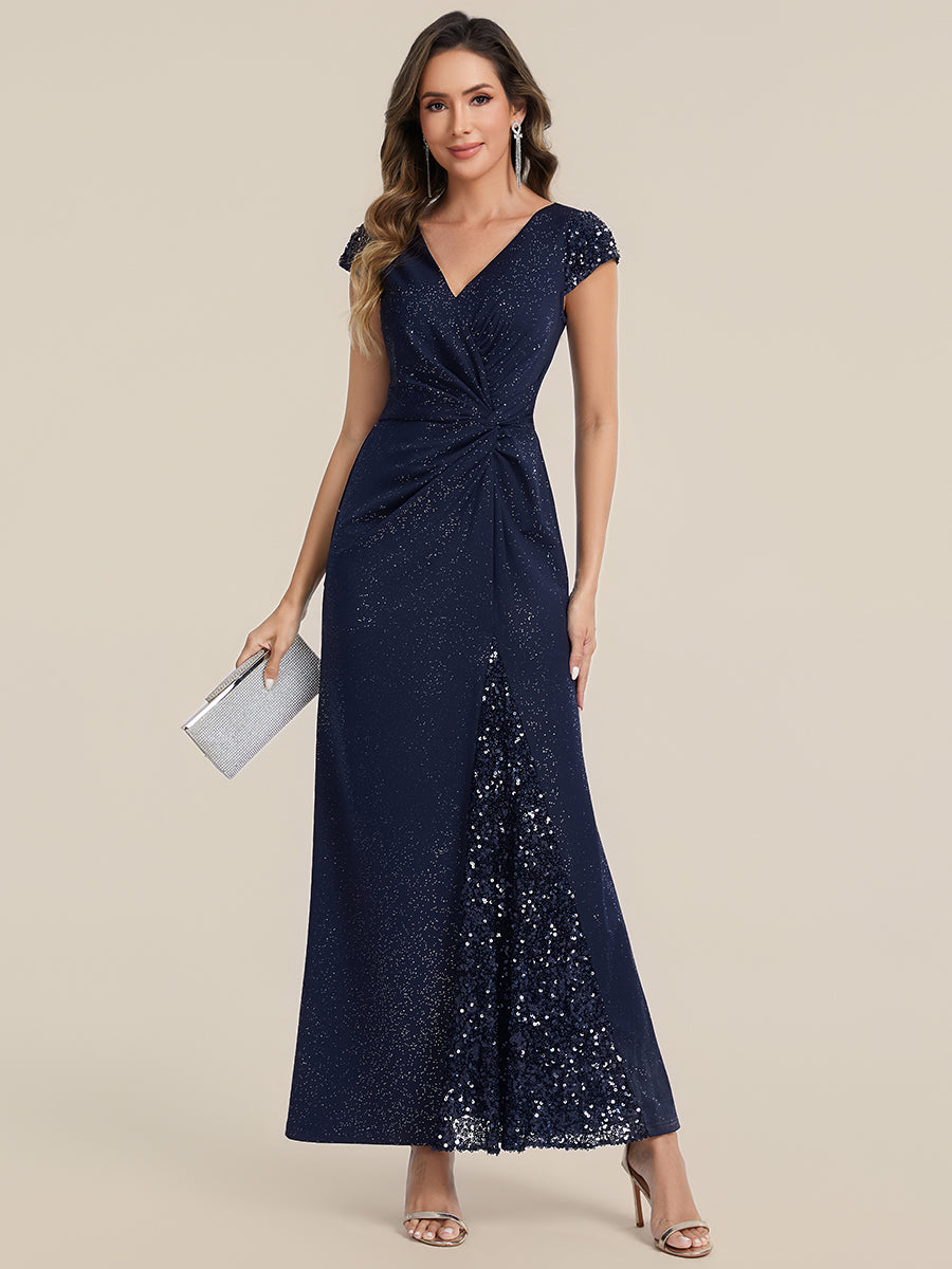 Color=Navy Blue | Commercial Wholesale Short Sleeve V-Neck Bodycon Maxi Dress with Sequin Details Evening Dresses-Navy Blue 85