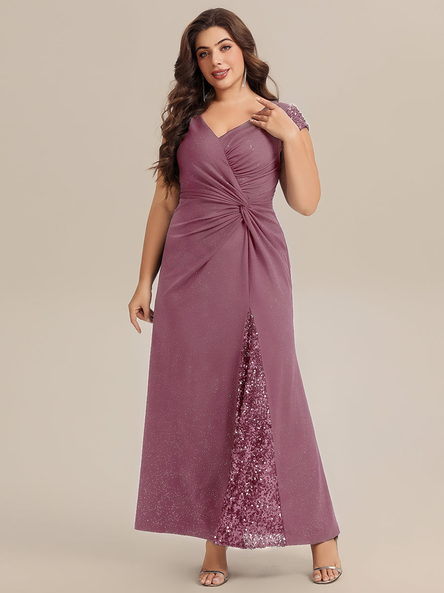 Color=Purple Orchid | Commercial Wholesale Short Sleeve V-Neck Bodycon Maxi Dress with Sequin Details Evening Dresses-Purple Orchid 99