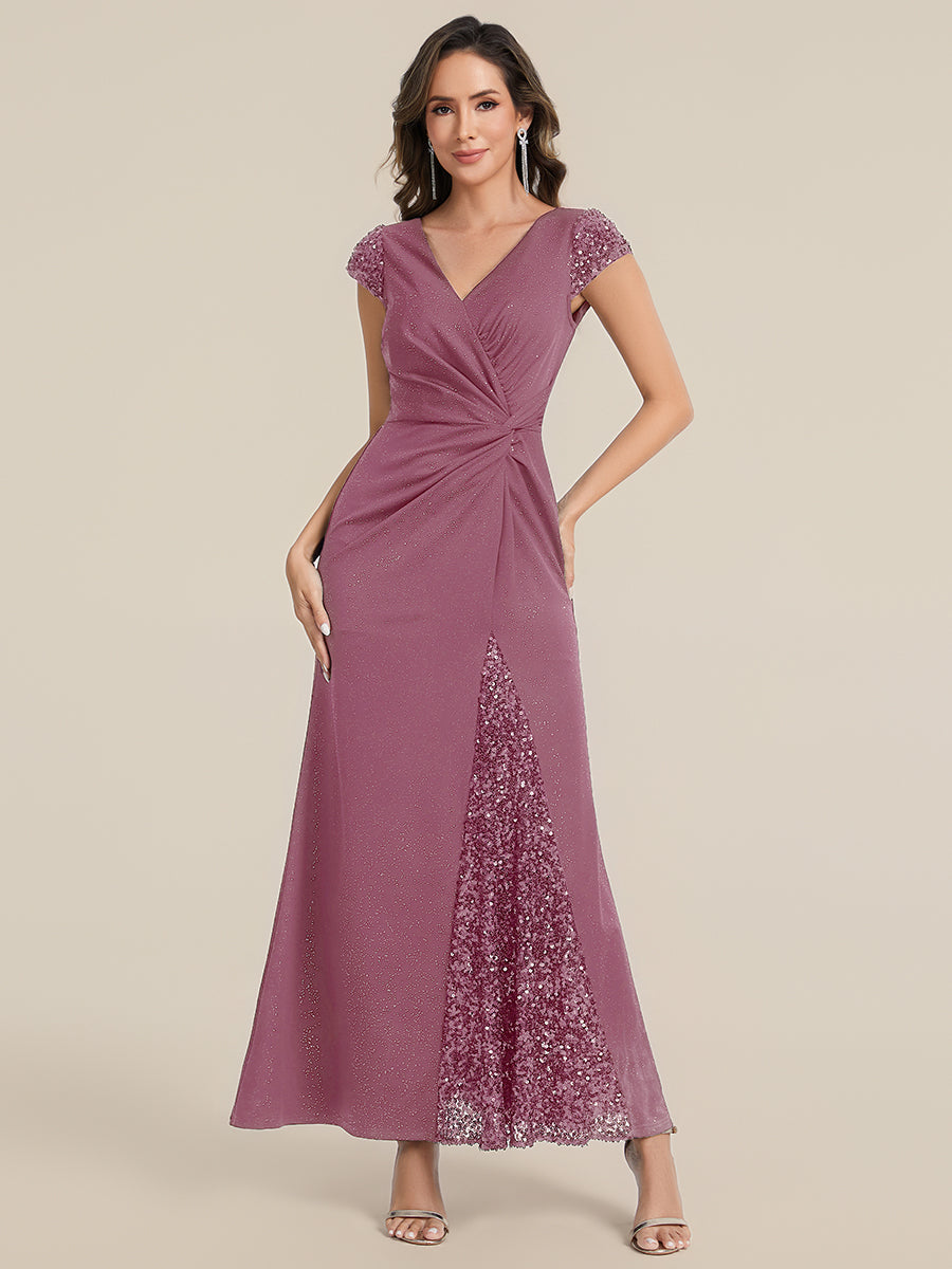 Color=Purple Orchid | Commercial Wholesale Short Sleeve V-Neck Bodycon Maxi Dress with Sequin Details Evening Dresses-Purple Orchid 91