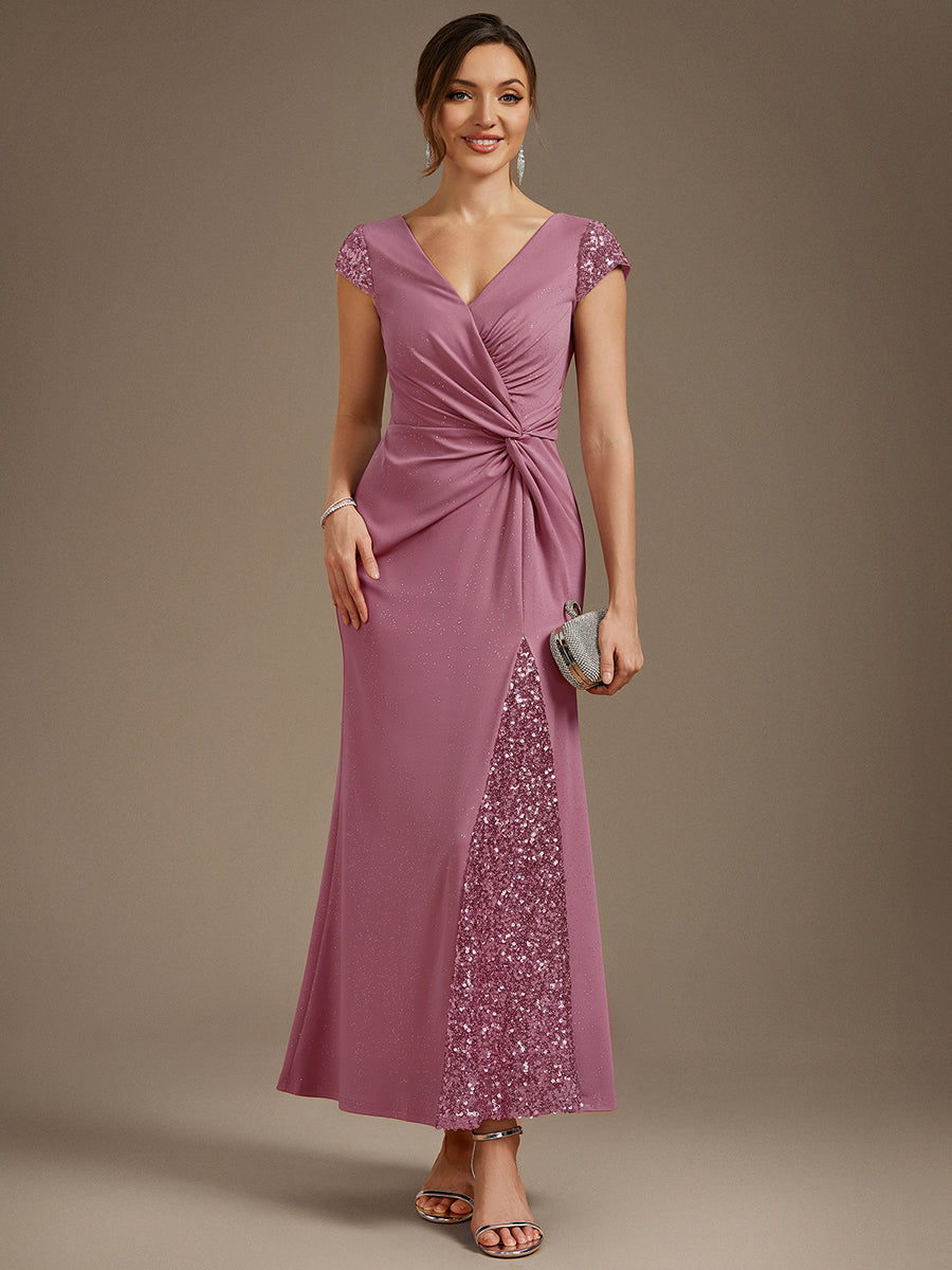 Color=Orchid | Fast Delivery Short Sleeve Deep V-Neck Sequin Bodycon Floor Length Evening Dresses-Orchid 10