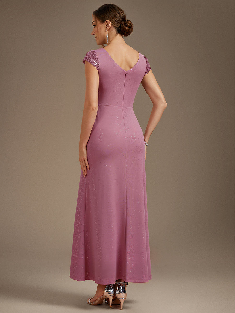 Color=Orchid | Fast Delivery Short Sleeve Deep V-Neck Sequin Bodycon Floor Length Evening Dresses-Orchid 8