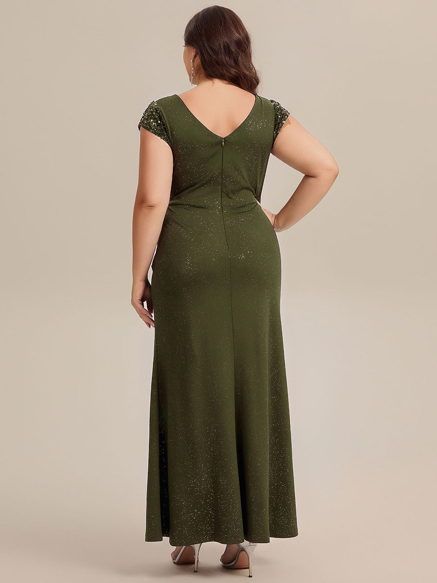 Color=Olive Green | Commercial Wholesale Short Sleeve V-Neck Bodycon Maxi Dress with Sequin Details Evening Dresses-Olive Green 57