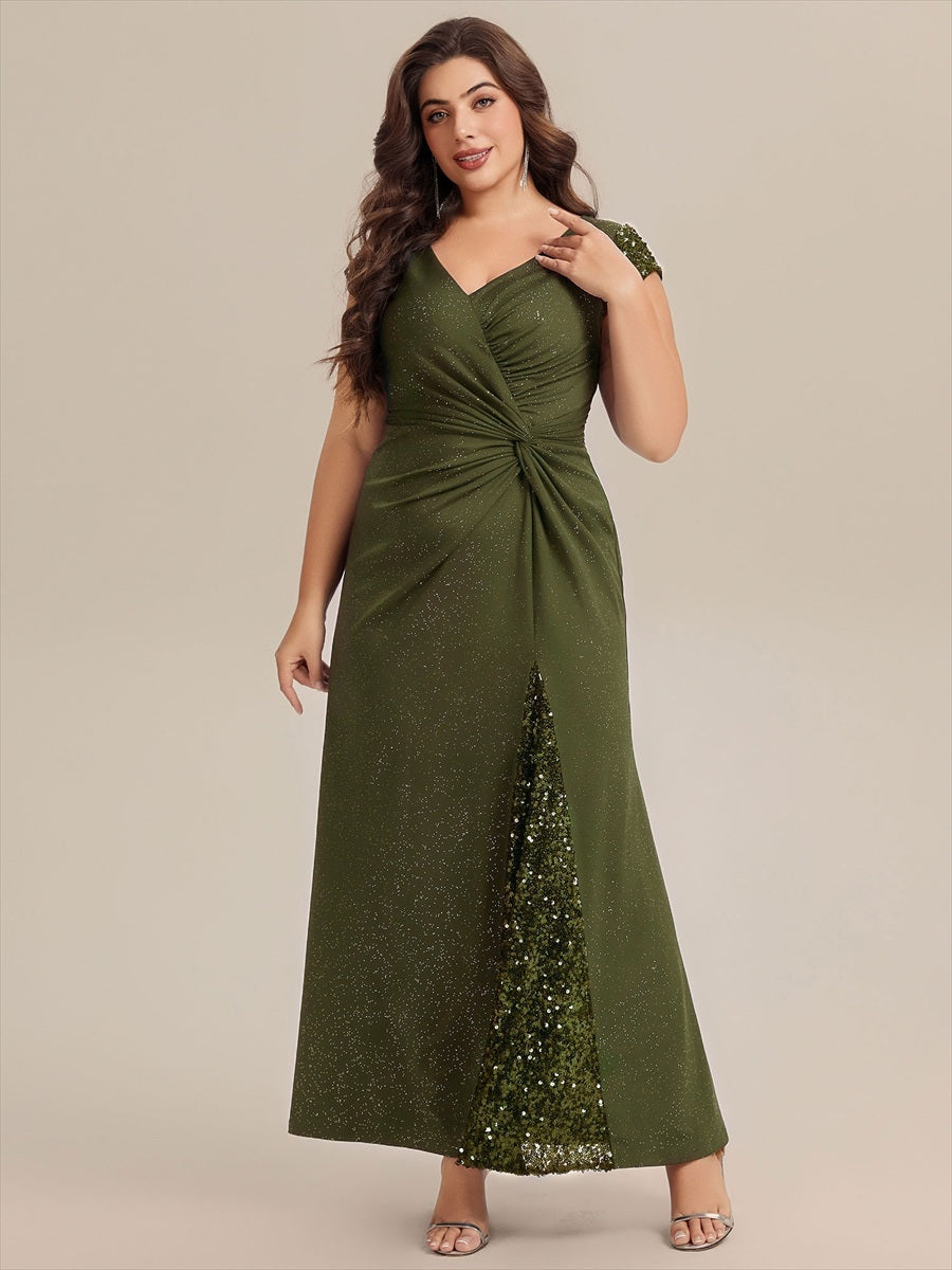 Color=Olive Green | Commercial Wholesale Short Sleeve V-Neck Bodycon Maxi Dress with Sequin Details Evening Dresses-Olive Green 109