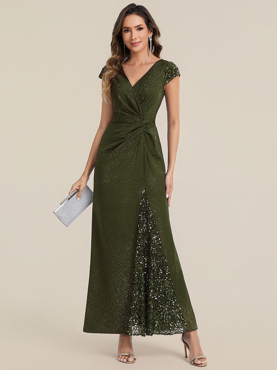 Color=Olive Green | Commercial Wholesale Short Sleeve V-Neck Bodycon Maxi Dress with Sequin Details Evening Dresses-Olive Green 55