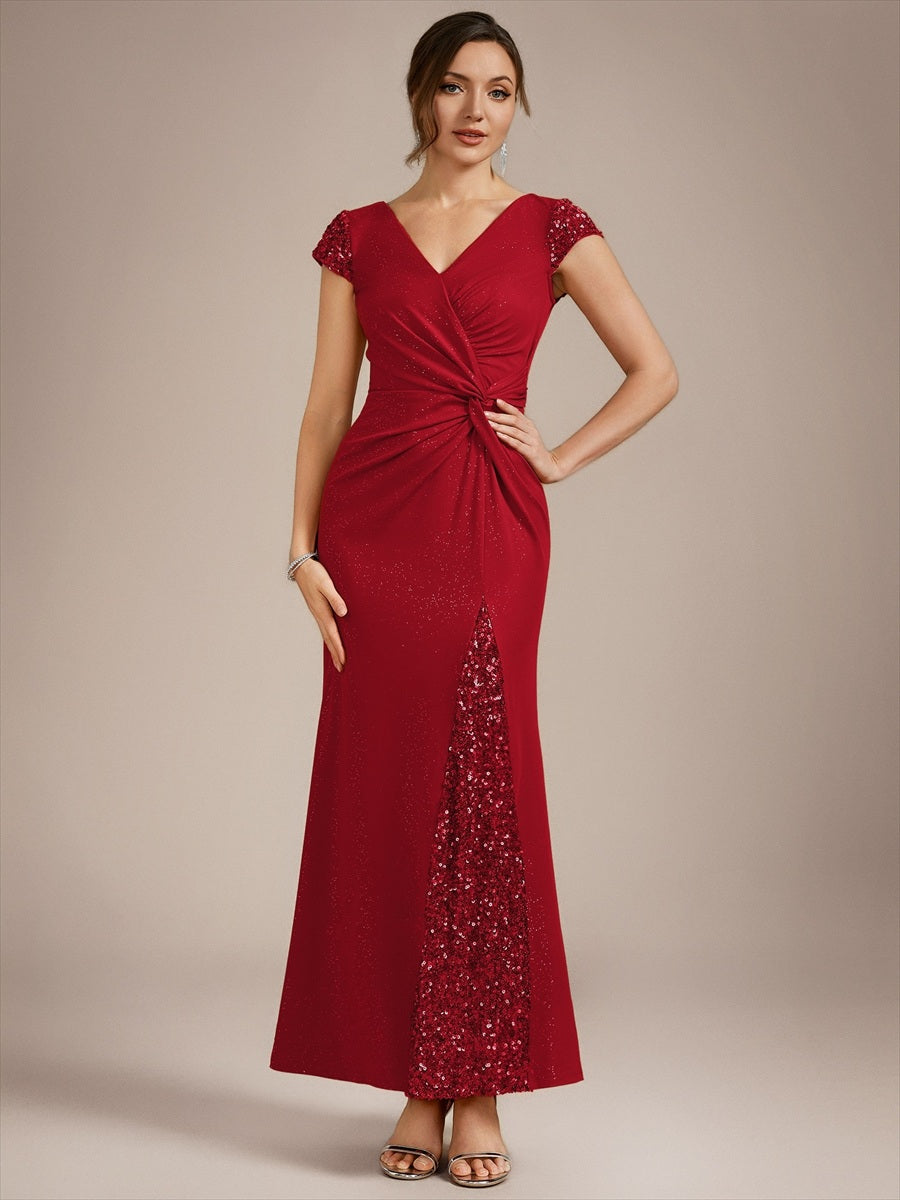 Color=Red | EE02657RD | Fast Delivery Short Sleeve Deep V-Neck Sequin Bodycon Floor Length Evening Dresses