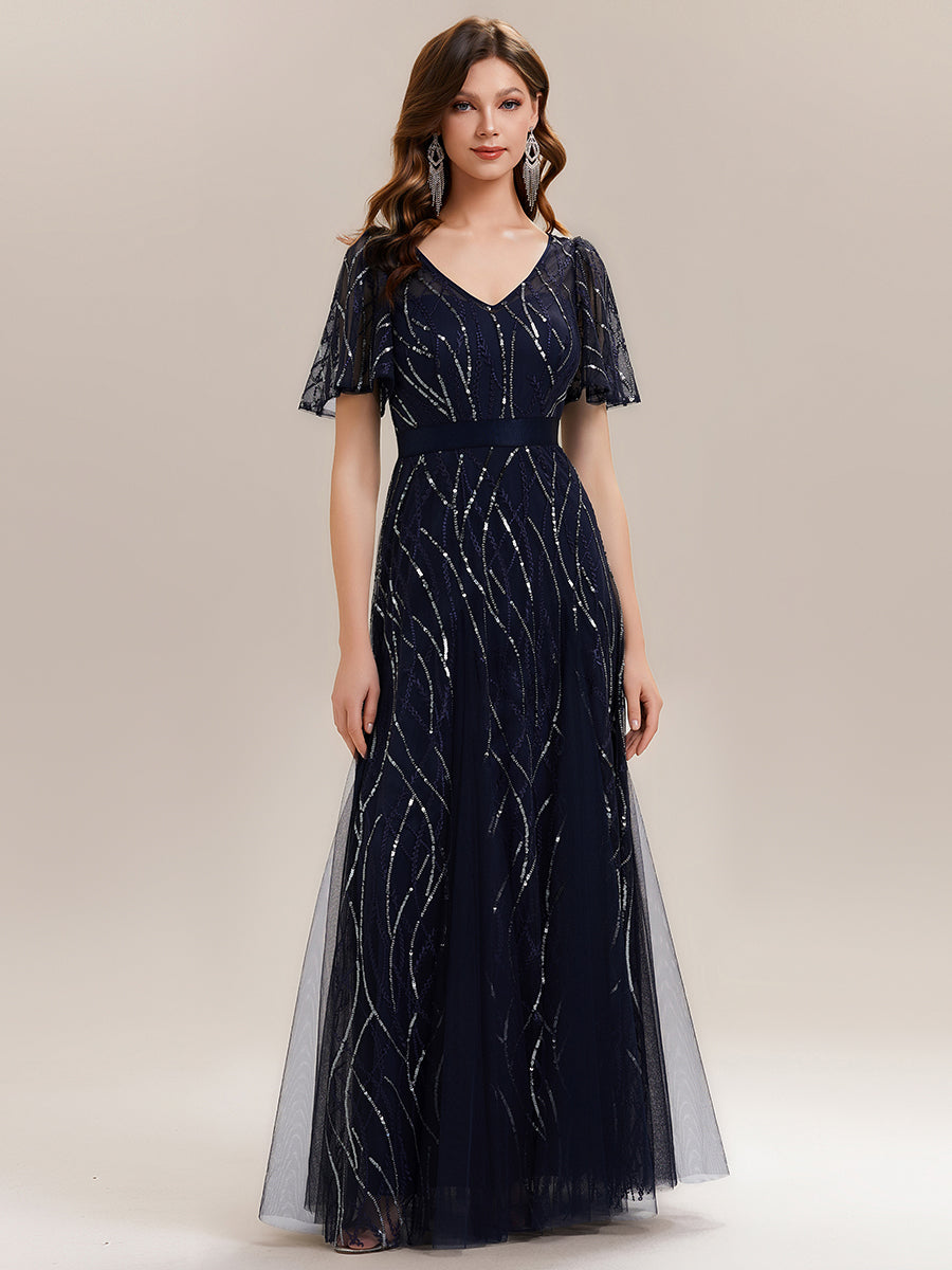 Color=Navy Blue | B2B-Exclusive Short Sleeve Ruffle Sequin Deep V-Neck A-Line Floor Length Evening Dresses-Navy Blue 1