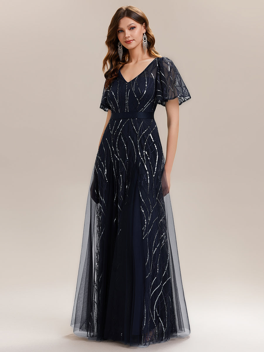 Color=Navy Blue | B2B-Exclusive Short Sleeve Ruffle Sequin Deep V-Neck A-Line Floor Length Evening Dresses-Navy Blue 5
